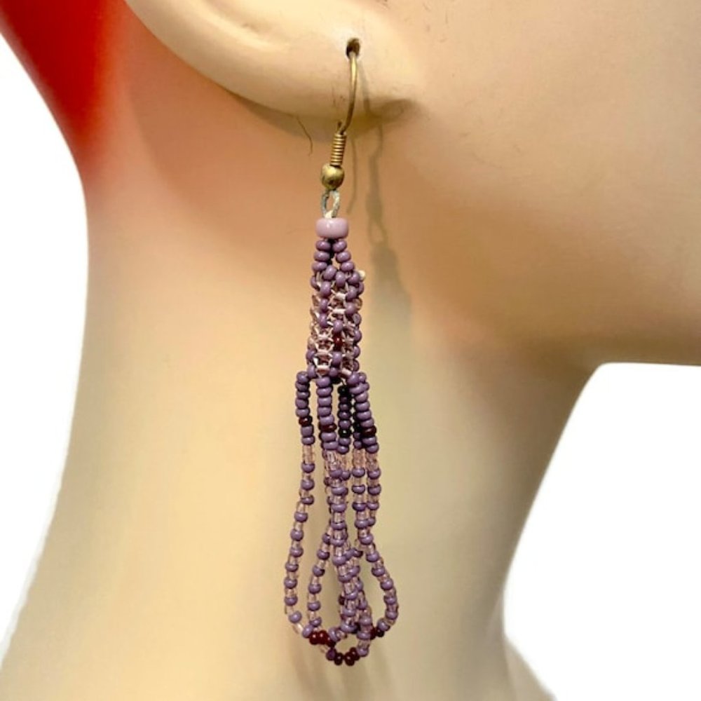 Purple Earrings, Seed Beaded, Vintage, Boho, Gypsy, Woven, Long, Bohemian